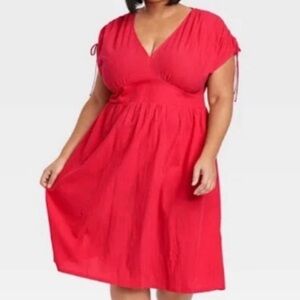 Ava & Viv Red 100% Cotton Ruched Shoulder Midi Babydoll Dress 4X NWT